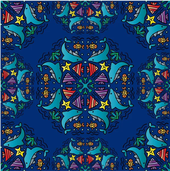 Mandala Nahtlose Muster Hintergrund Mit Delphin Meerestiere Ornament — Stockvektor