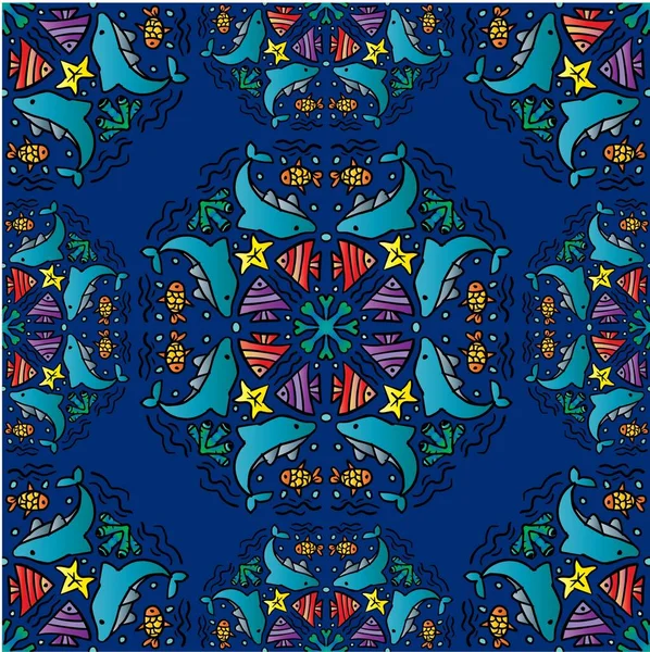 Mandala Fond Motif Sans Couture Avec Ornement Dauphin Animaux Mer — Image vectorielle