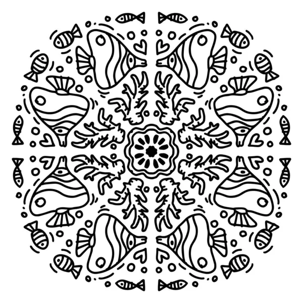 Dessin Main Mandala Avec Motif Ornement Poisson — Image vectorielle