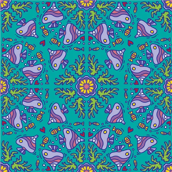 Mandala Nahtlose Muster Hintergrund Mit Fisch Tiere Marine Ornament Muster — Stockvektor