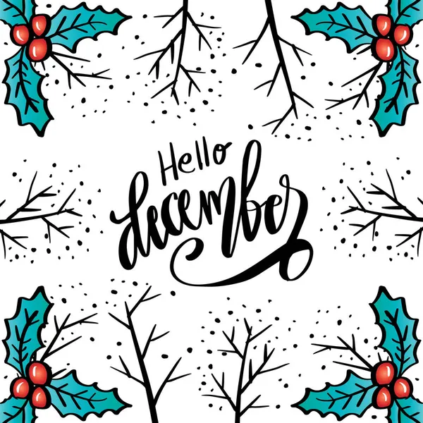 Hello December Hand Lettering Greeting Card Concept — Stock Vector