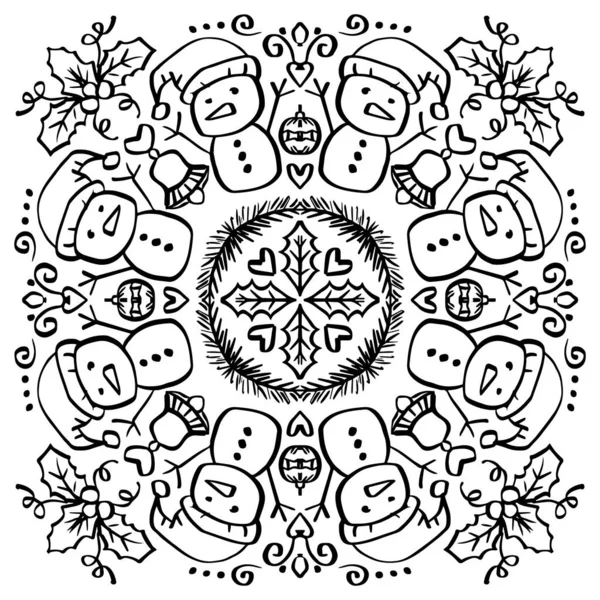 Kerst Mandala Decoratie Met Sneeuwpop Handtekening Illustratie — Stockvector