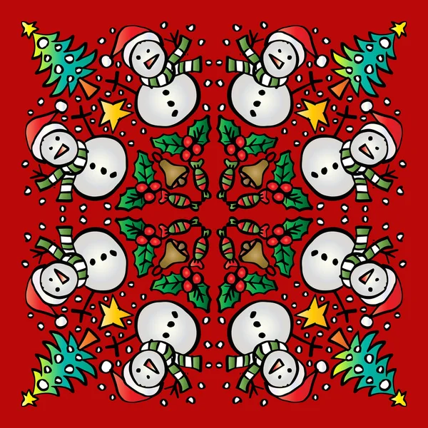 Jul Mandala Dekoration Med Snögubbe Illustration För Handritning — Stock vektor