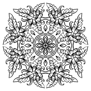 Süslü, yuvarlak desenli Mandala üzerinde el çizimi gül çiçeği.