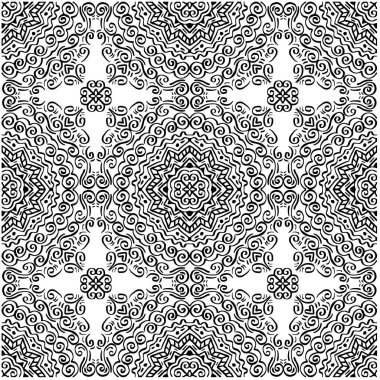 Mandala dikişsiz desen siyah ve beyaz üzerinde soyut girdaplar.