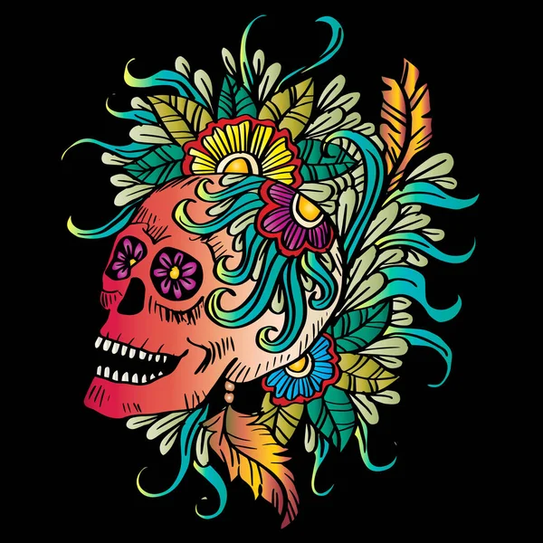 Crâne Avec Illustration Dessin Main Fleur — Image vectorielle