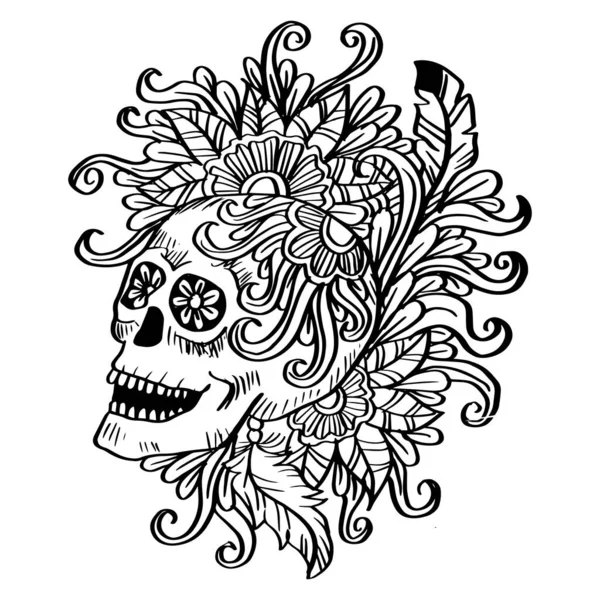花の手描きイラストの頭蓋骨 — ストックベクタ