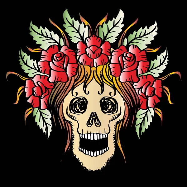 Crâne Avec Des Roses Dessin Main Illustration — Image vectorielle