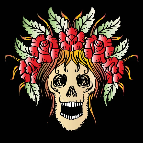 Calavera Con Rosas Ilustración Dibujo Mano — Vector de stock