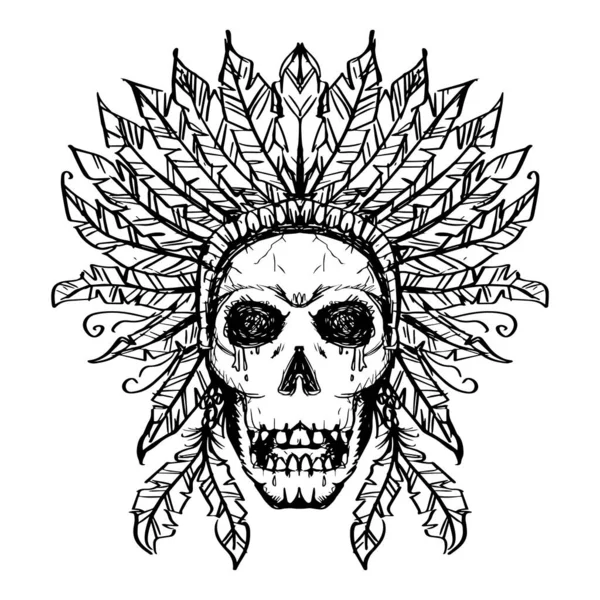 Skull American Indian Jefe Bosquejo Dibujado Mano — Vector de stock