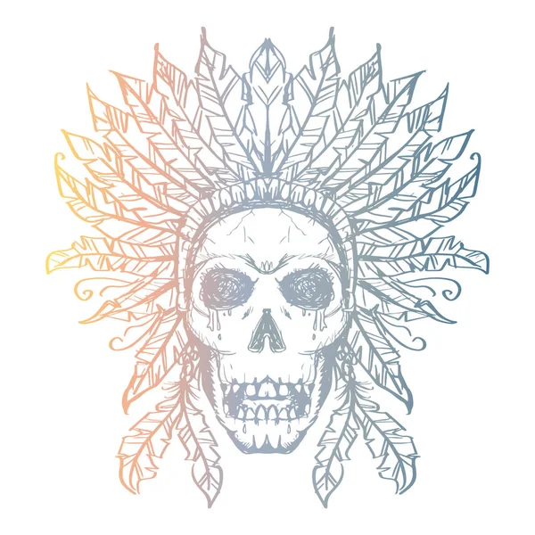 Skull American Indian Chief Hand Drawn Sketch — Stock Vector