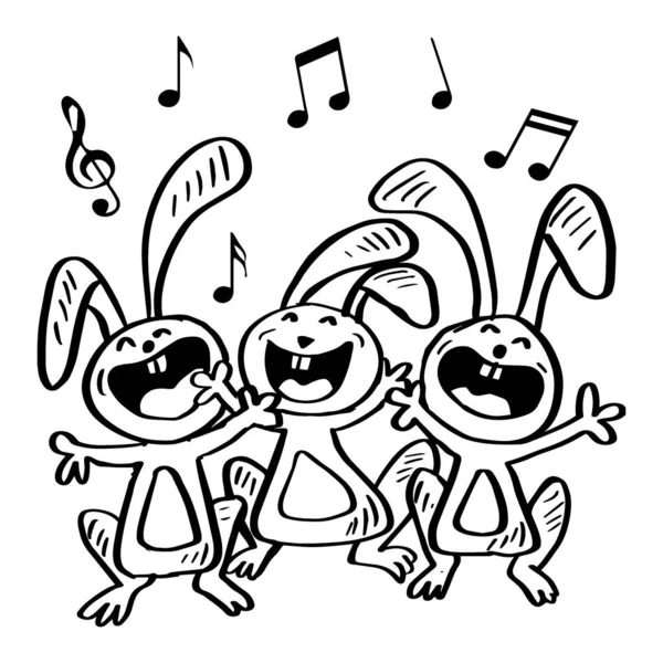 快乐漫画三只有趣的兔子歌唱 — 图库矢量图片