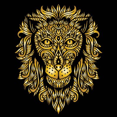 Altın sarısı Aslan. Mandala çizimi, Aslan mandala, Doodle sanat tasarımı