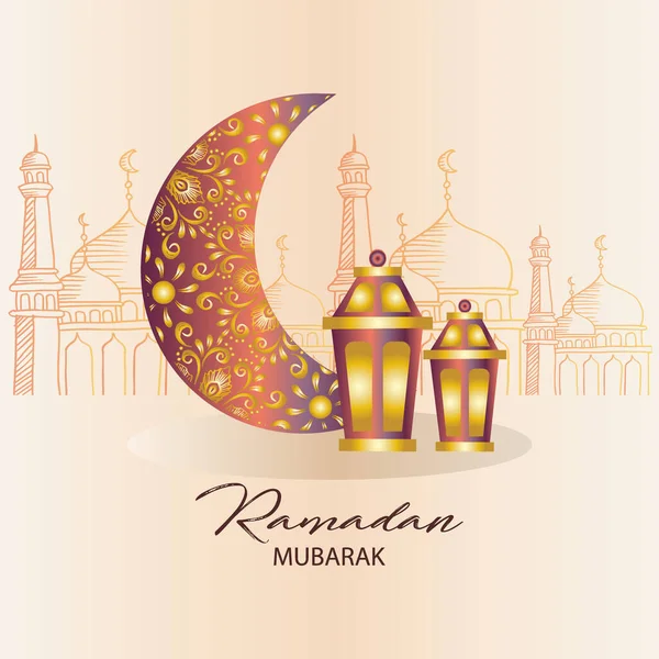 Ramadan Kareem Kártya Design Félhold Lámpák — Stock Vector