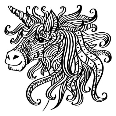El çizimi zentangle unicorn baş illüstrasyonu