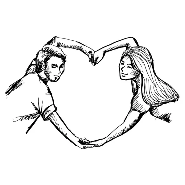 Ескіз Пари Тримає Руки Роблячи Символ Серця — стоковий вектор