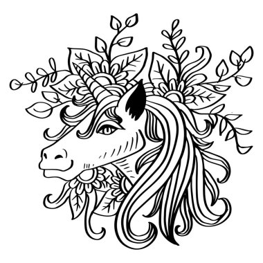El çizimi zentangle unicorn baş illüstrasyonu