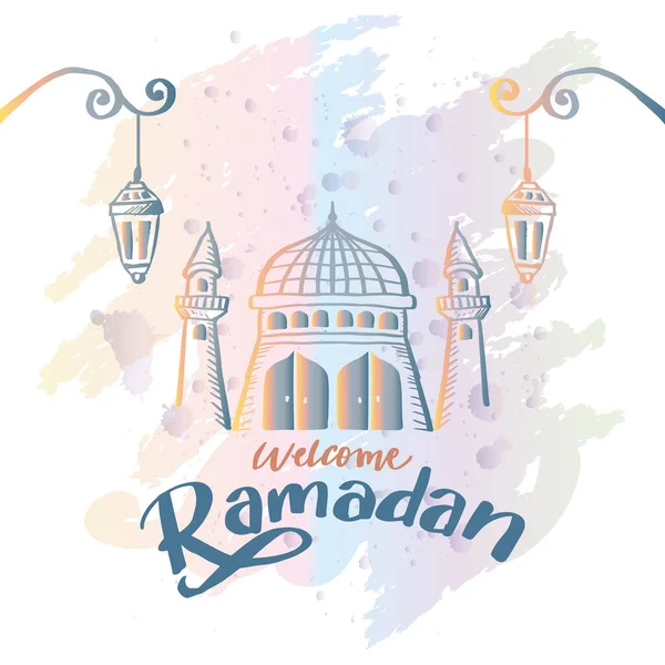 Tarjeta Bienvenida Ramadán Con Mezquita — Vector de stock