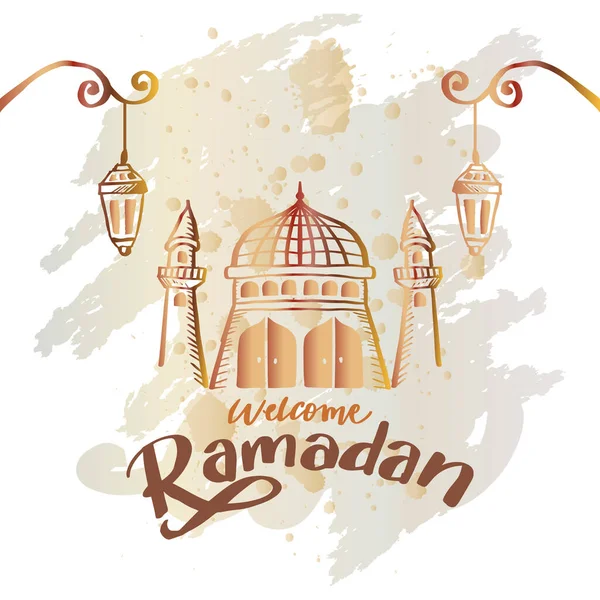 Tarjeta Bienvenida Ramadán Con Mezquita — Vector de stock