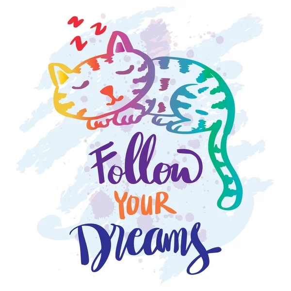 Seguire Tuoi Sogni Con Sonno Gatto Carino Citazione Del Manifesto — Vettoriale Stock