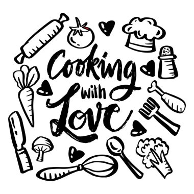 Cooking with love hand lettering. Poster quotes.