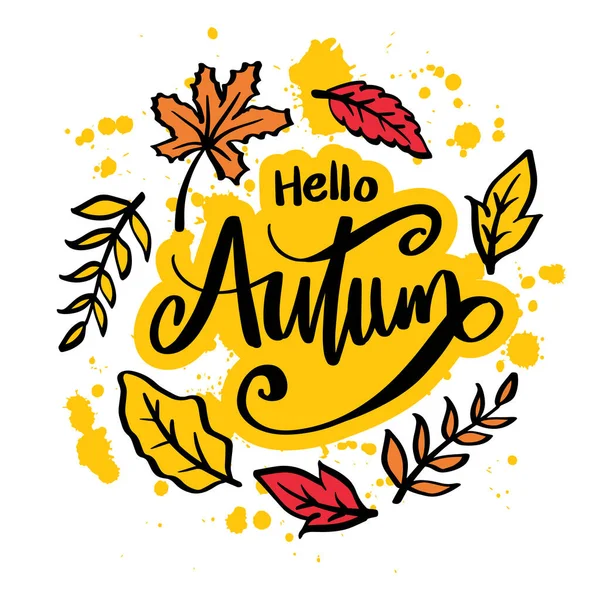 Hello Autumn Hand Lettering Leaves — Vector de stock