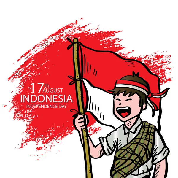 Anak Muda Memegang Bendera Indonesia Hari Kemerdekaan Indonesia August17 - Stok Vektor
