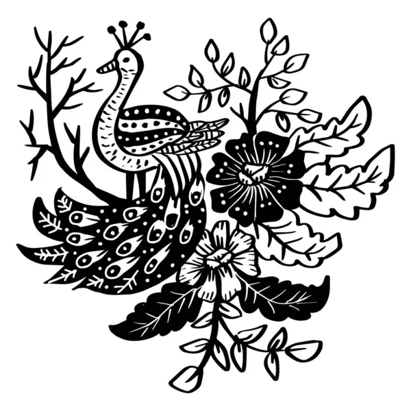 Peacock Bird Flower Decoration Doodle Ornament Illustration — Stock vektor