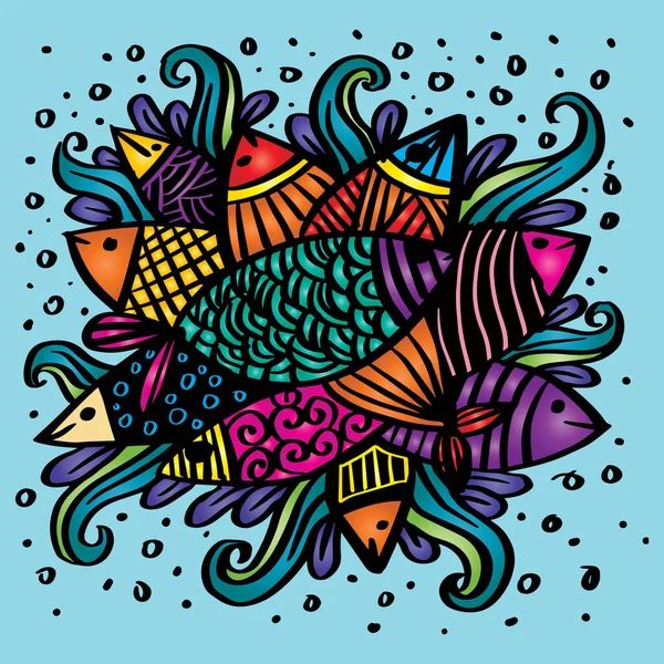 Fishes Doodle Ornament Decorative Illustration — 스톡 벡터