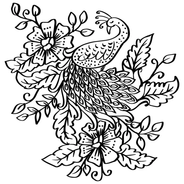 Drawing Decorative Beautiful Peacock Motif Batik — Stockvector