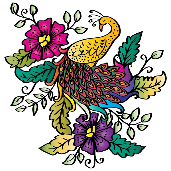 Drawing Decorative Beautiful Peacock Motif Batik — Stock vektor