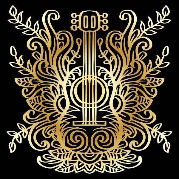 Guitar Hand Drawing Floral Ornament — Stock Vector