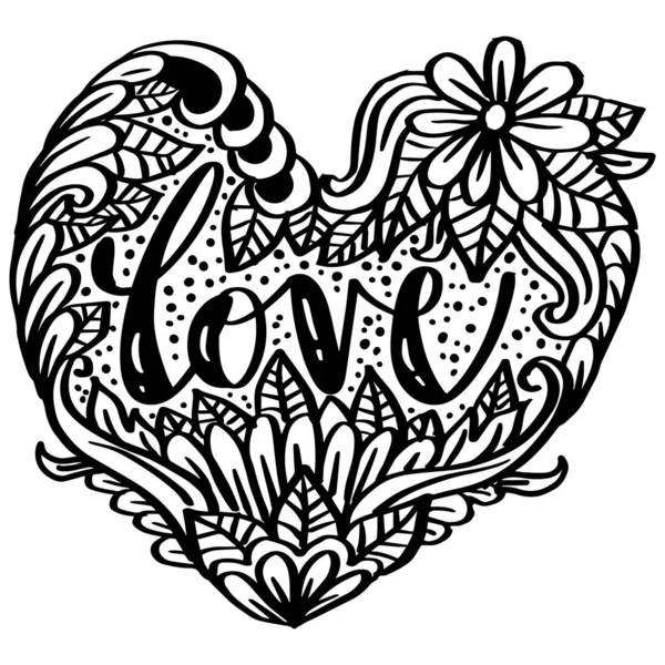 Love Word Lettering Heart Shape Floral Ornament — Vector de stock