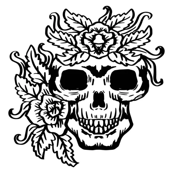 Human Skull Roses Hand Drawing Illustration — Vettoriale Stock