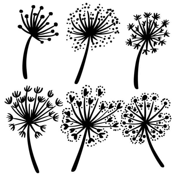 Set Doodle Dandelions Illustration — Stock Vector