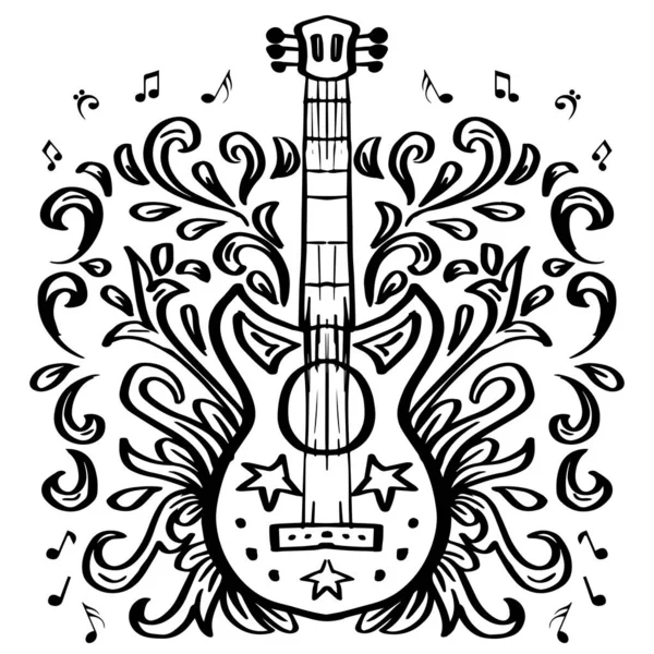 Hand Drawing Guitar Icon Floral Elements — Stock Vector