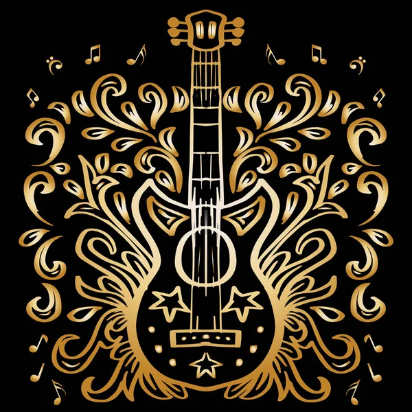 Hand Drawing Guitar Icon Floral Elements — Stock Vector