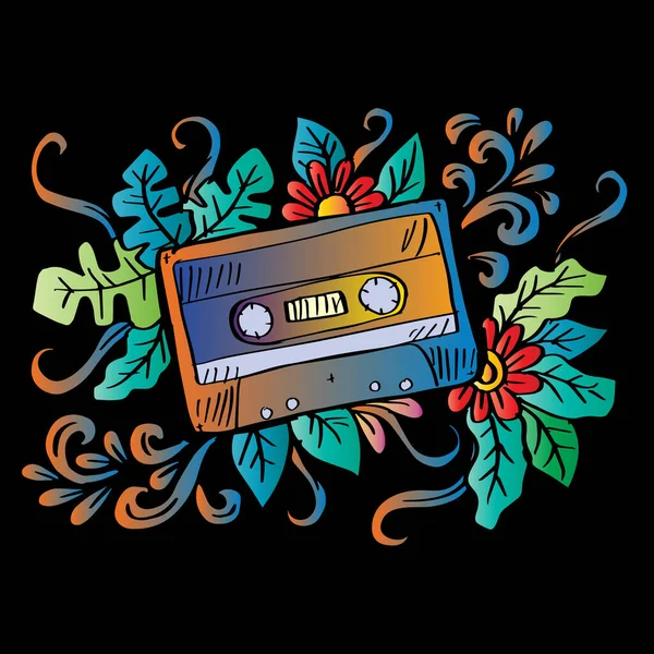 Cassette Doodle Handtekening Met Bloemdecoratie — Stockvector