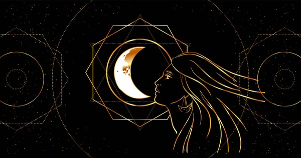 Ayın arka planına karşı bir kadının profili. Astrolojik sanat. Siyah bir arkaplanda Contour çizimi.
