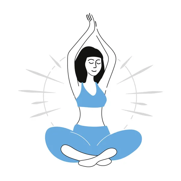 The woman practices yoga in the lotus position. Meditation and relaxation. Lines art on a white background. — Stock Vector