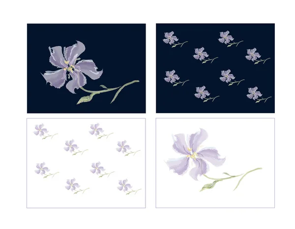 Watercolor violet flowers. Pattern for textile. Botanical book cover. Illustration for the booklet, mark, postage stamp or poster. The print picture for clothes and bag. The plants for herbarium. Herbs of zoo and botanical garden.
