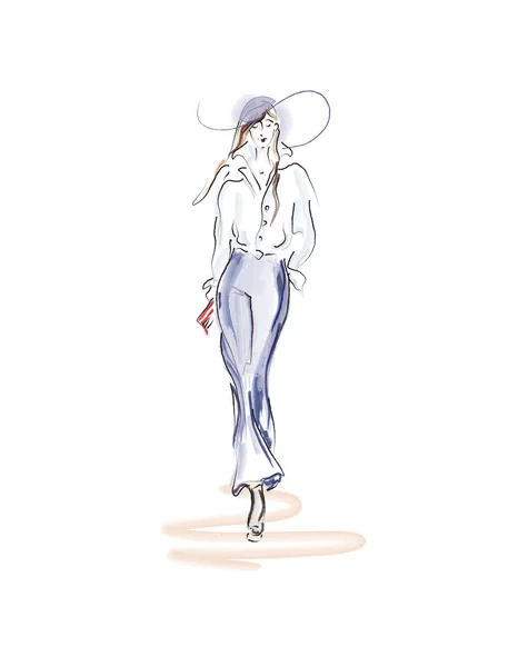 Graceful light airy female silhouette in watercolor and lines for illustration, poster, booklet, magazine, collection, presentation. Hand-draw.