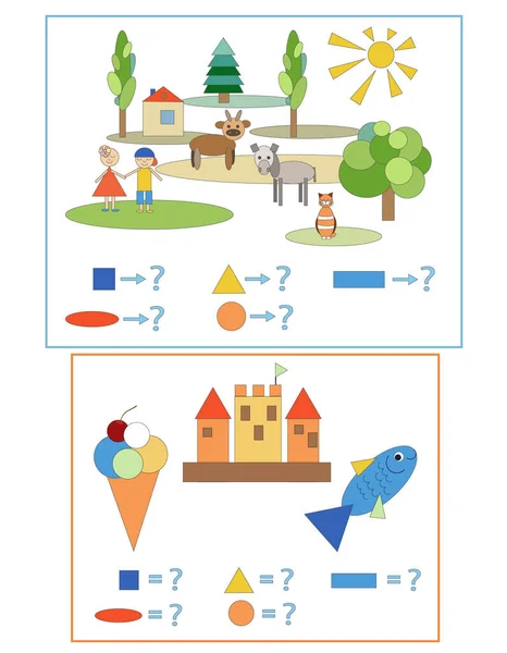 Primary school teaching card. Illustrations for lessons. Training auxiliary teaching material and illustration for development mathematical, logical, observation and attention skills.