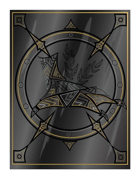 Dragon, shield, armor of ancient stories. Illustration or cover for book, poster, Game. Print for clothes.