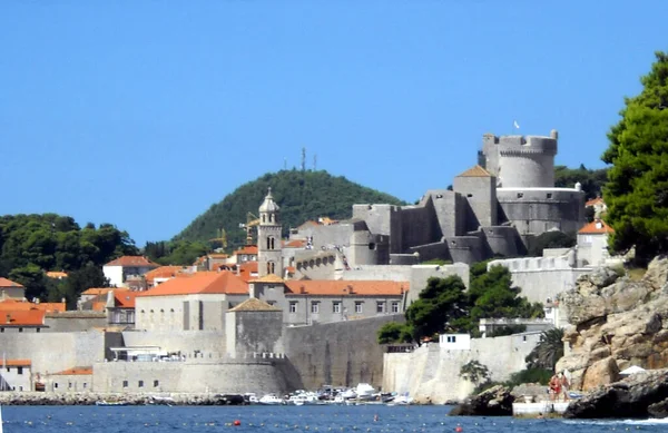 Dubrovnik City Walls Luka Tower Seen Boat Sunny Day — Photo