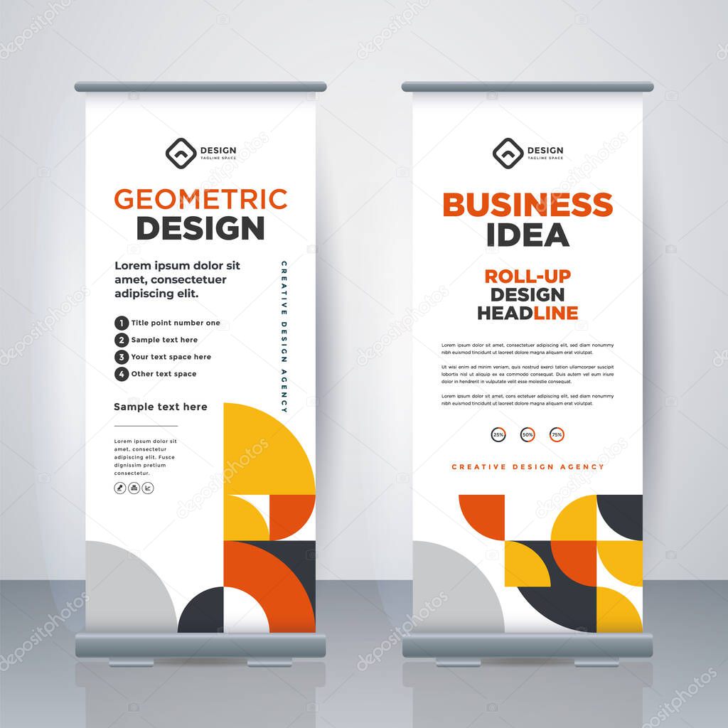 Geometric Business Roll Up. Standee Design. Banner Template. Presentation and Brochure.  Modern x-banner and flag-banner advertising. Vector illustration.