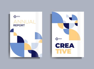 Broşür tasarımı iş şablonu kapağı geometrik tema daireleri mavi ve sarı renk