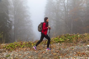 Aktif yaşam biçimi, kız ormanda yol boyunca yürüyor. İskandinav yürüyüşü. Sonbahar ormanlarında yürü, sis.