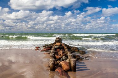Baltık Denizi kıyısı açık sonbahar havası, kumsalda ahşap dalgalar