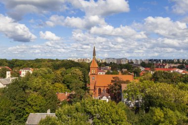Water tower Krantz. The city water tower was built in Kranz in 1904. Tower height is 40 m. View from the tower to the city. Russia, Zelenogradsk, September 2, 2021.